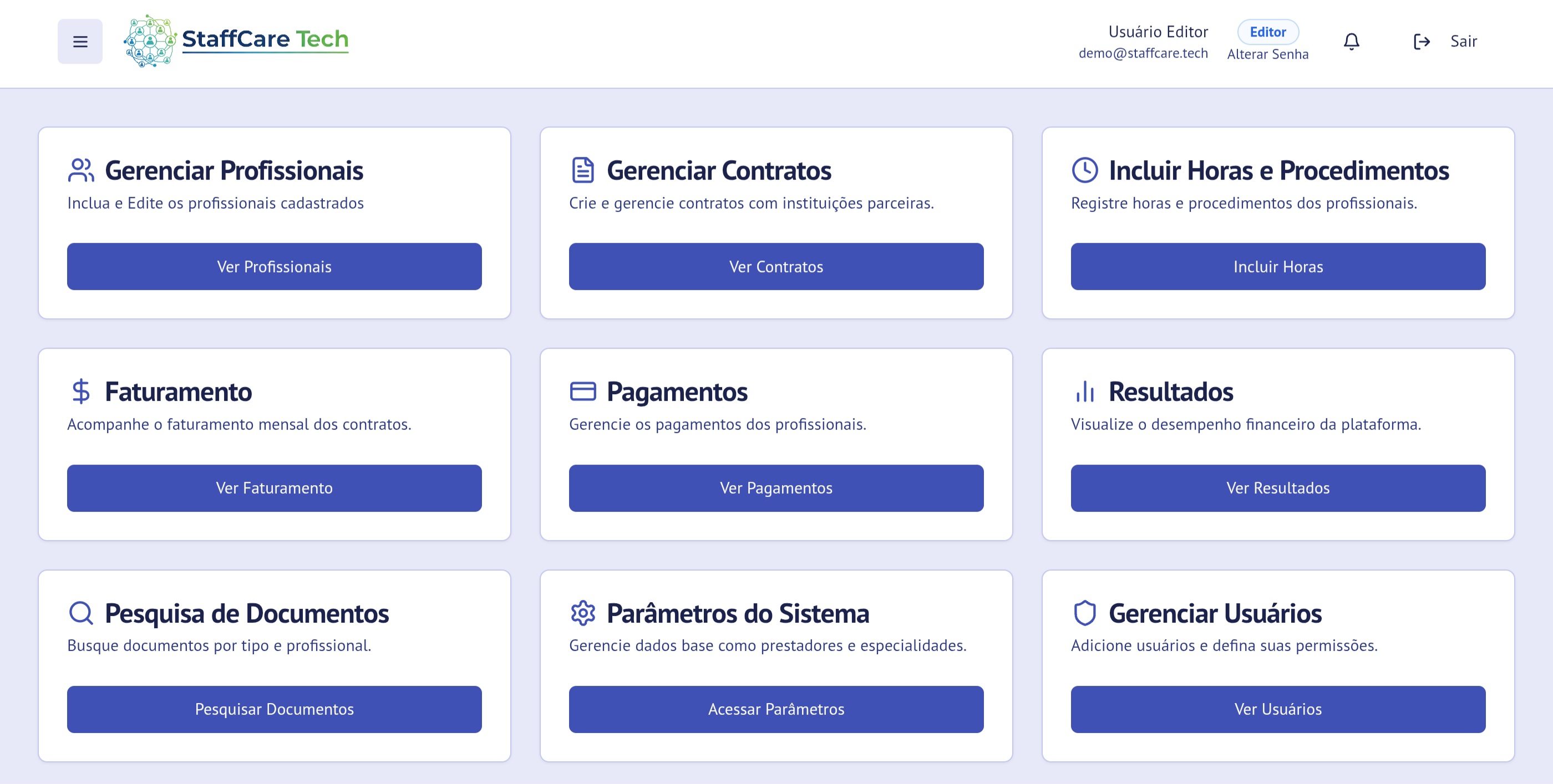 Dashboard de resultados financeiros StaffCare Tech com margem bruta